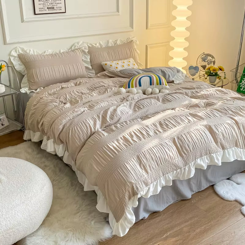 White Ruffled Seersucker Single Queen King Duvet Cover Set 3/4Pcs Soft Green Pink Grey Bedding Set with Bed Sheet Pillowcases