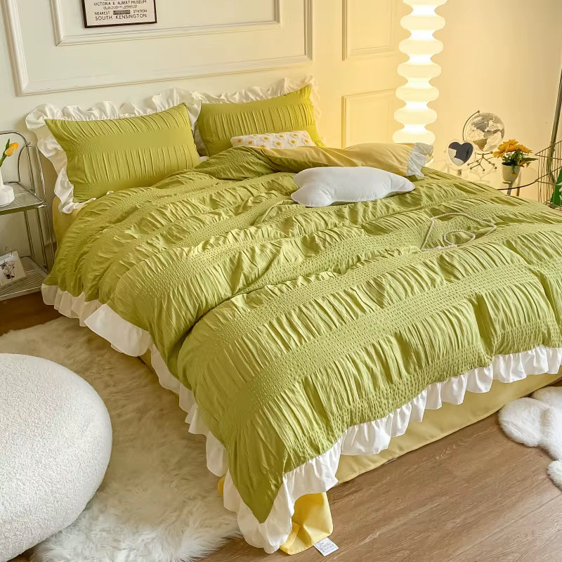 White Ruffled Seersucker Single Queen King Duvet Cover Set 3/4Pcs Soft Green Pink Grey Bedding Set with Bed Sheet Pillowcases