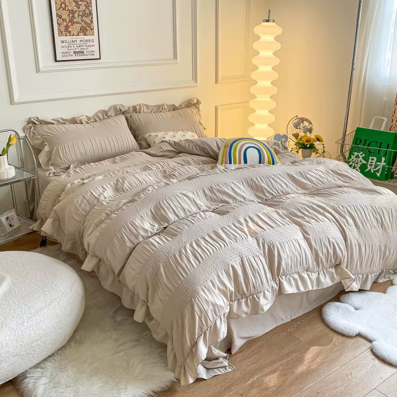 White Ruffled Seersucker Single Queen King Duvet Cover Set 3/4Pcs Soft Green Pink Grey Bedding Set with Bed Sheet Pillowcases