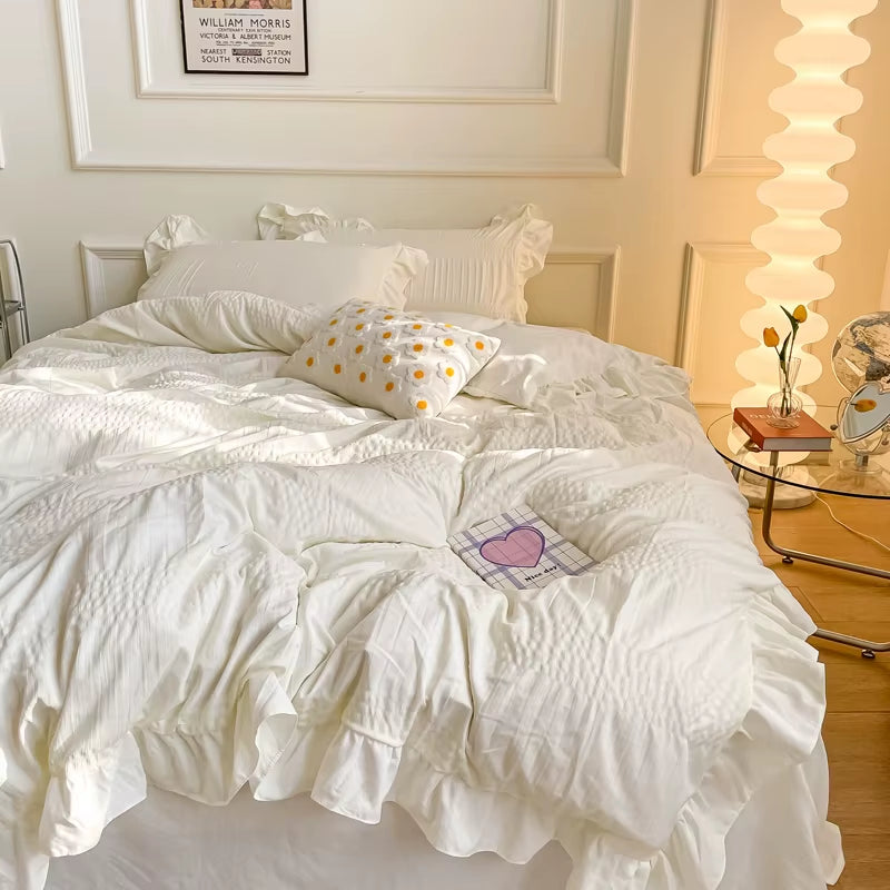 White Ruffled Seersucker Single Queen King Duvet Cover Set 3/4Pcs Soft Green Pink Grey Bedding Set with Bed Sheet Pillowcases