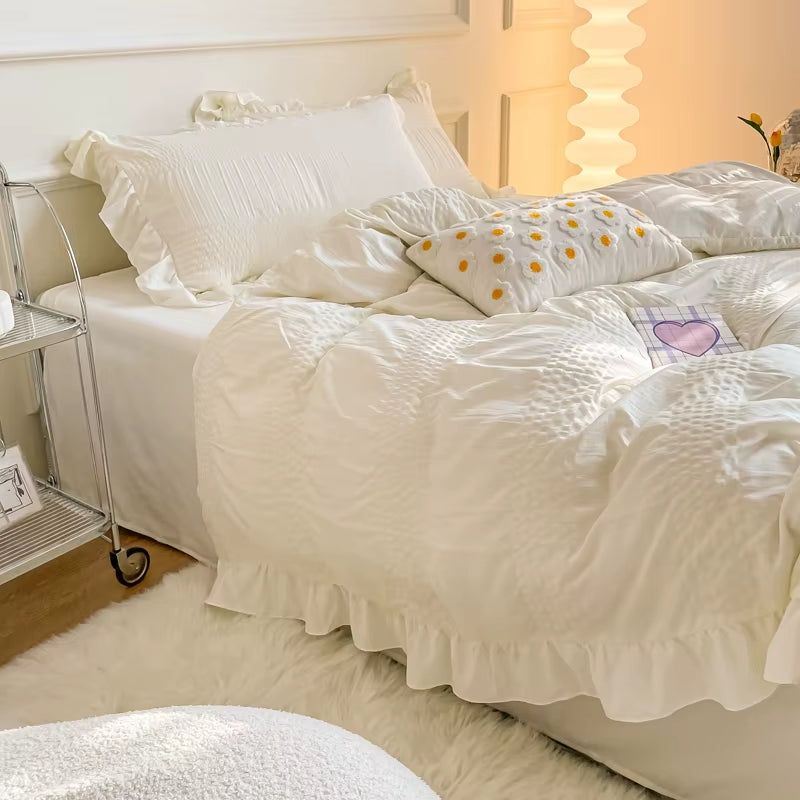 White Ruffled Seersucker Single Queen King Duvet Cover Set 3/4Pcs Soft Green Pink Grey Bedding Set with Bed Sheet Pillowcases