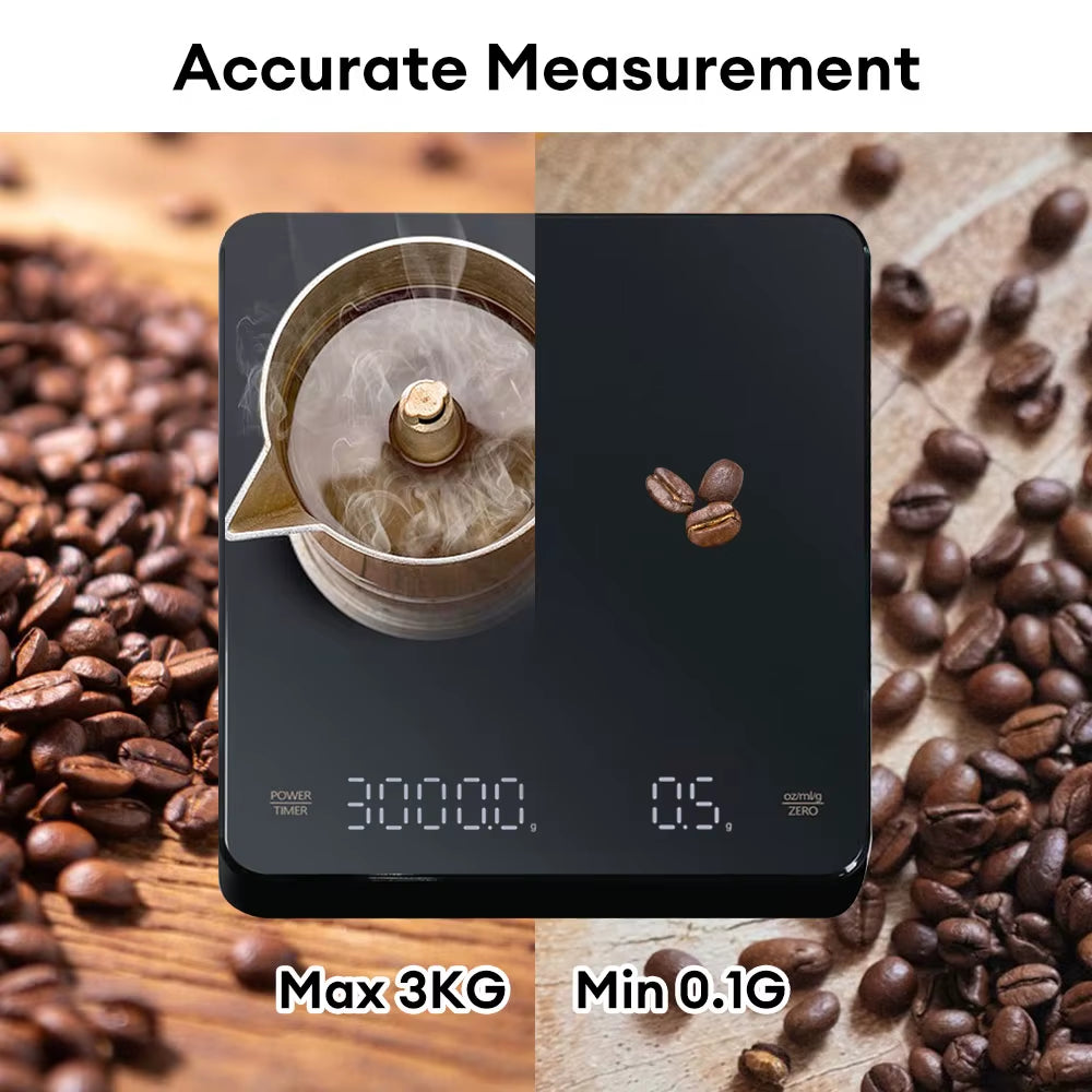 Digital Coffee Scale with Timer – LED Display, USB Rechargeable, 3kg Capacity, 0.1g Precision, Measures in g/oz/ml