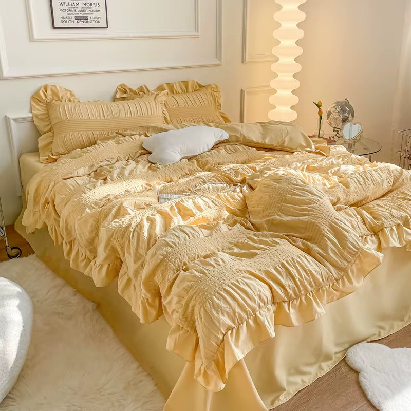 White Ruffled Seersucker Single Queen King Duvet Cover Set 3/4Pcs Soft Green Pink Grey Bedding Set with Bed Sheet Pillowcases