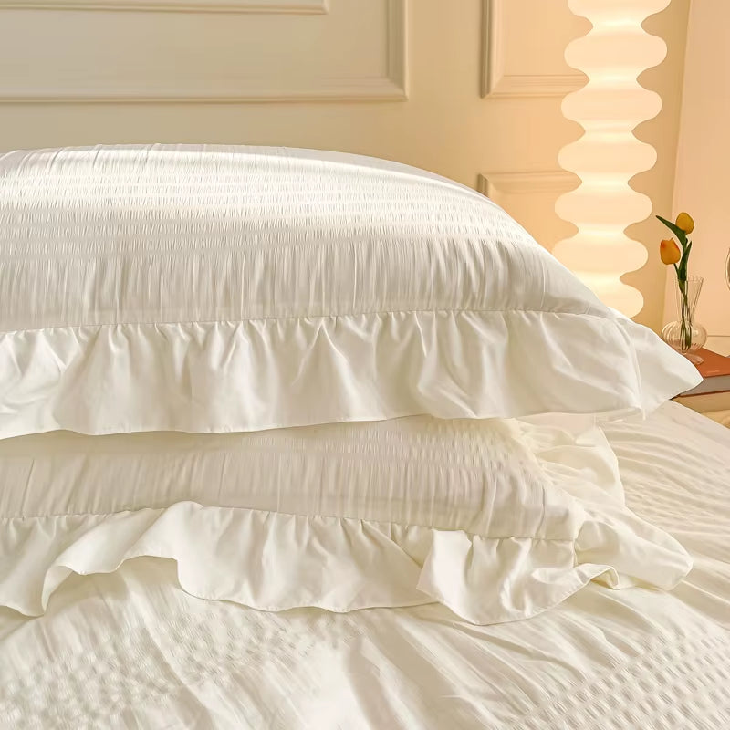 White Ruffled Seersucker Single Queen King Duvet Cover Set 3/4Pcs Soft Green Pink Grey Bedding Set with Bed Sheet Pillowcases
