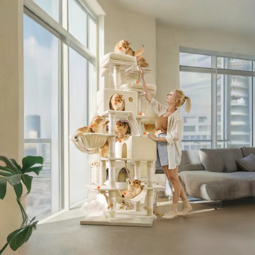 206cm Extra Tall Multi-Level Cat Tree Tower – 13 Scratching Posts, 2 Cat Condos, Hammock, Basket & Pompoms