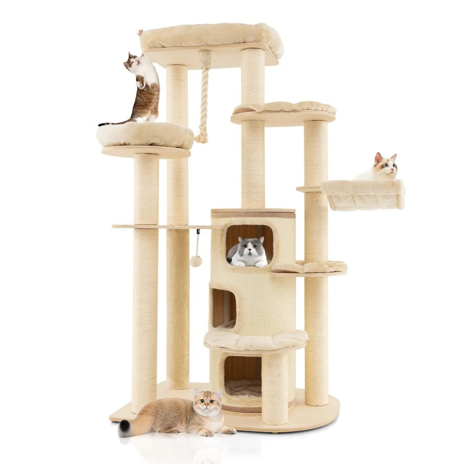 206cm Extra Tall Multi-Level Cat Tree Tower – 13 Scratching Posts, 2 Cat Condos, Hammock, Basket & Pompoms