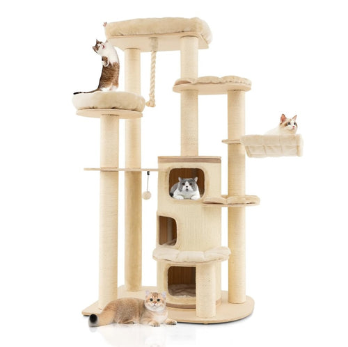 206cm Extra Tall Multi-Level Cat Tree Tower – 13 Scratching Posts, 2 Cat Condos, Hammock, Basket & Pompoms