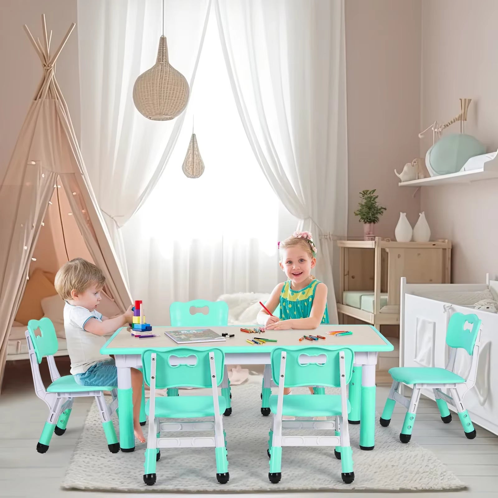Adjustable Kids Table & 6 Chairs Set | Ages 2–10 | CPC Certified