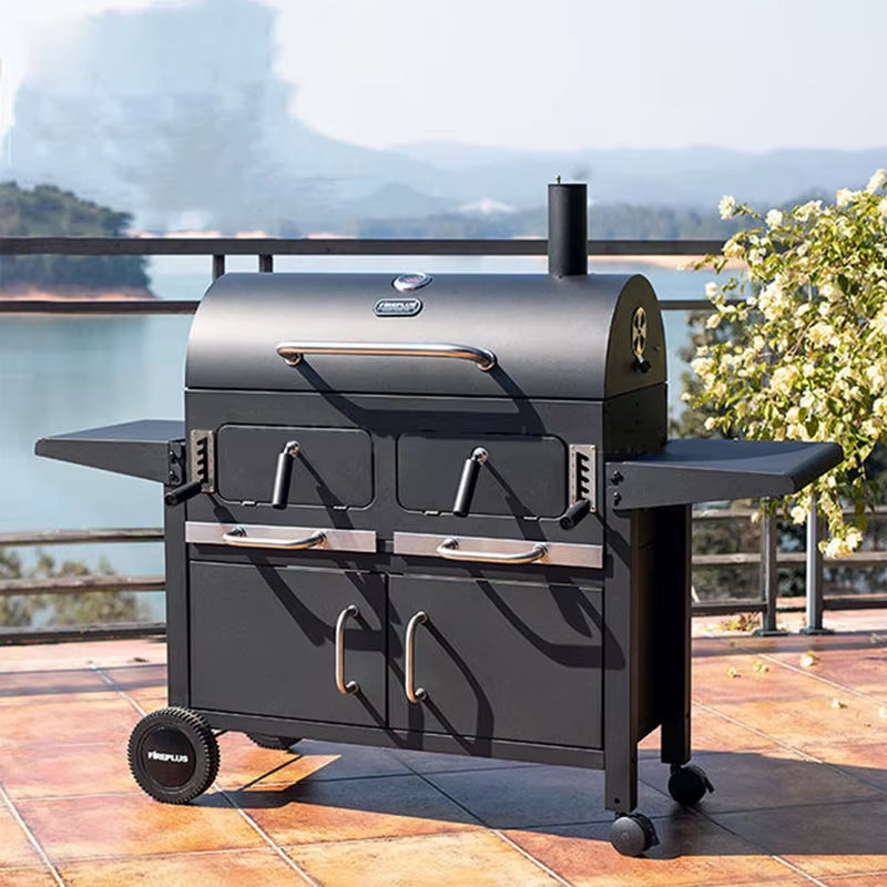 Heavy-Duty Smokeless Charcoal BBQ Grill with Trolley & Rotisserie – Large Outdoor Barbecue Smoker