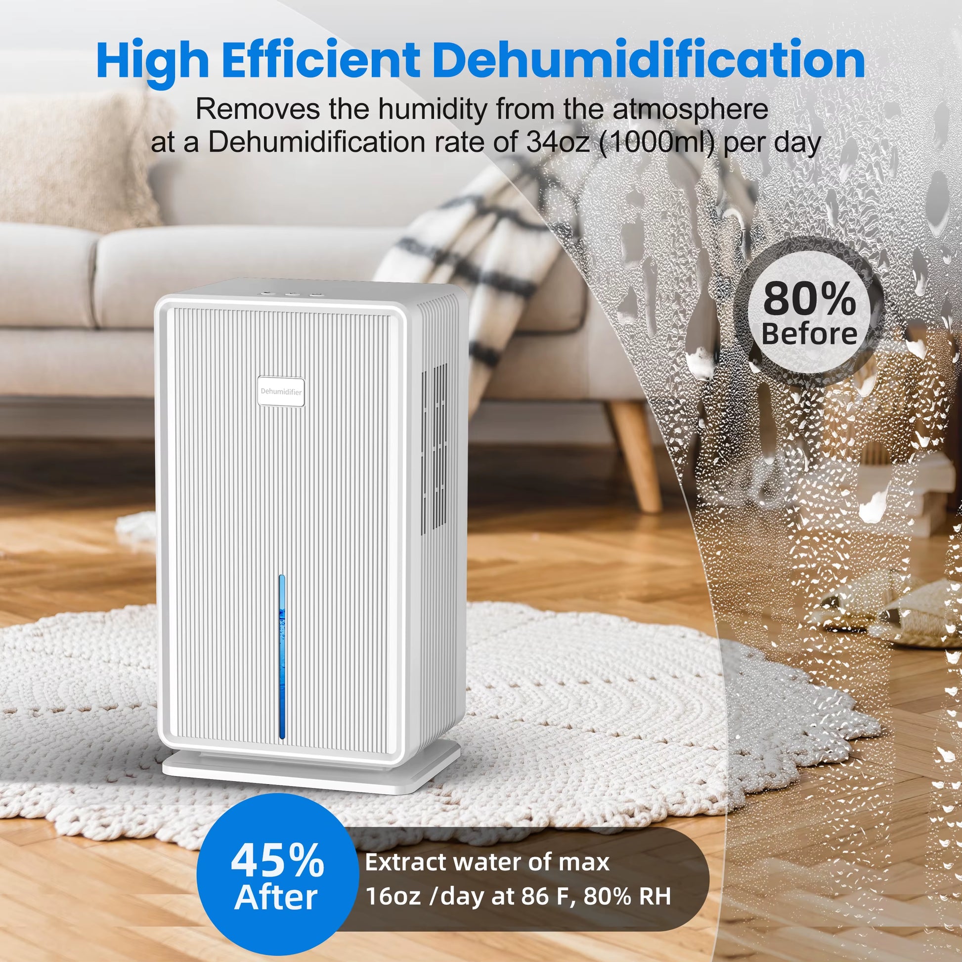 Home Dehumidifier – 100 Oz Capacity, Covers Up to 750 Sq. Ft. | Bathroom & Bedroom Use, 7-Color Night Light, Auto Shut-Off, Sleep Mode