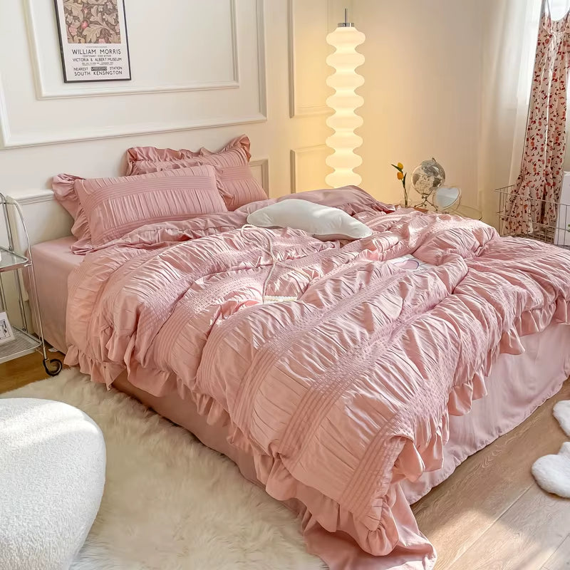 White Ruffled Seersucker Single Queen King Duvet Cover Set 3/4Pcs Soft Green Pink Grey Bedding Set with Bed Sheet Pillowcases