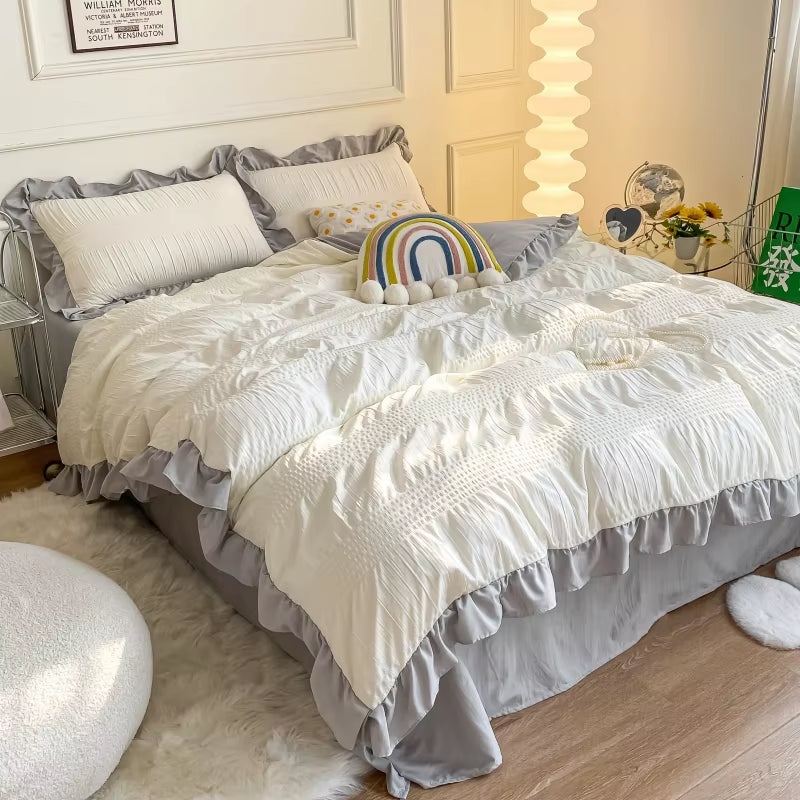 White Ruffled Seersucker Single Queen King Duvet Cover Set