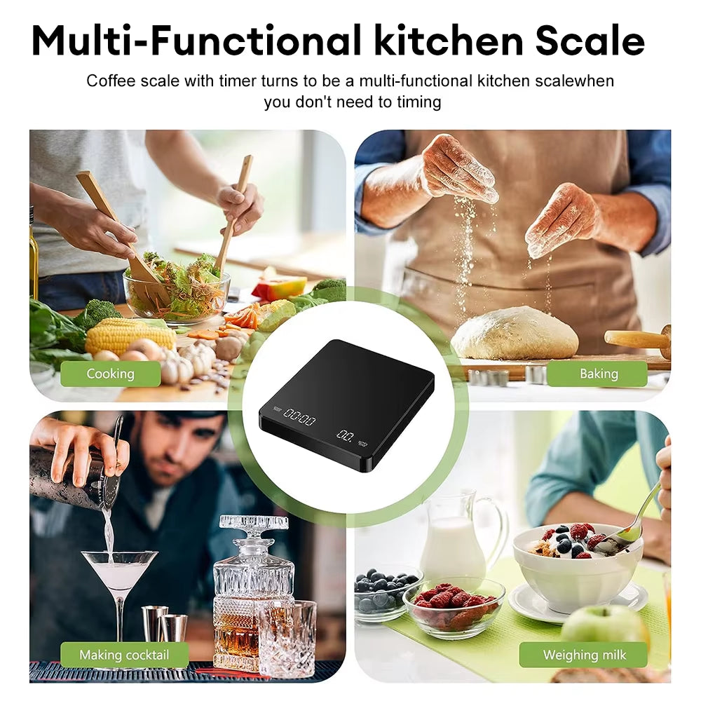 Digital Coffee Scale with Timer – LED Display, USB Rechargeable, 3kg Capacity, 0.1g Precision, Measures in g/oz/ml