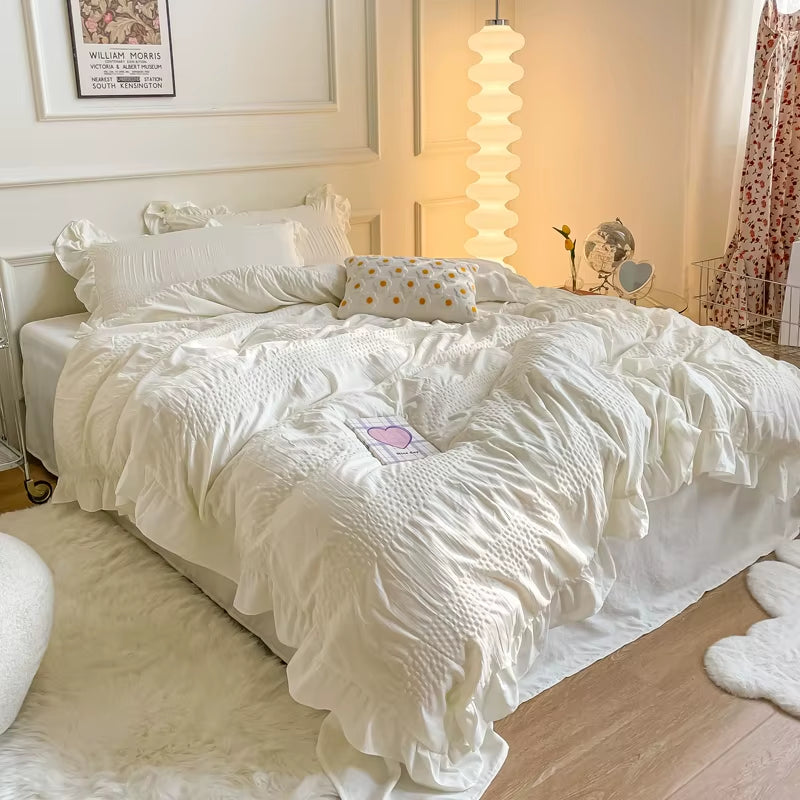 White Ruffled Seersucker Single Queen King Duvet Cover Set 3/4Pcs Soft Green Pink Grey Bedding Set with Bed Sheet Pillowcases