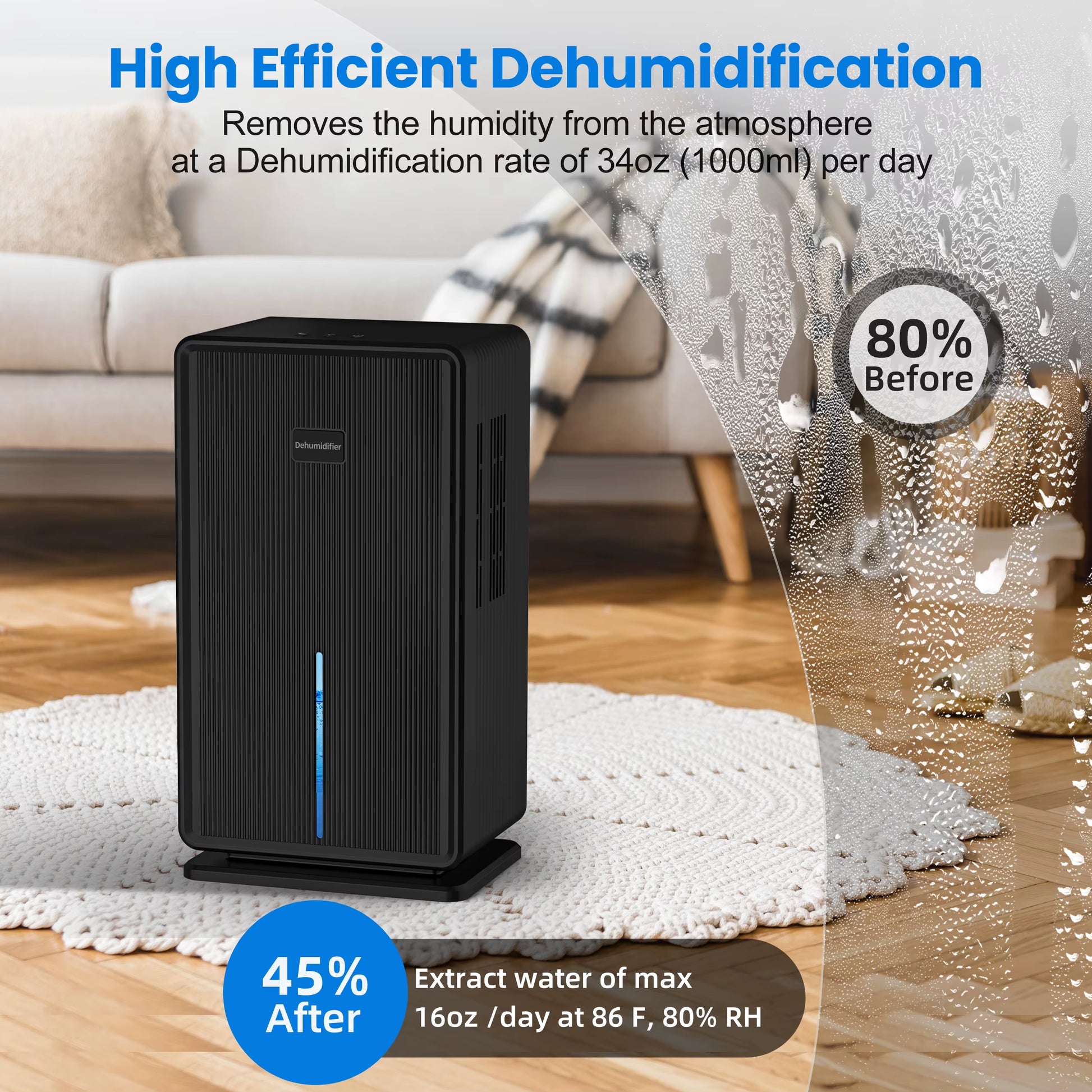 Home Dehumidifier – 100 Oz Capacity, Covers Up to 750 Sq. Ft. | Bathroom & Bedroom Use, 7-Color Night Light, Auto Shut-Off, Sleep Mode