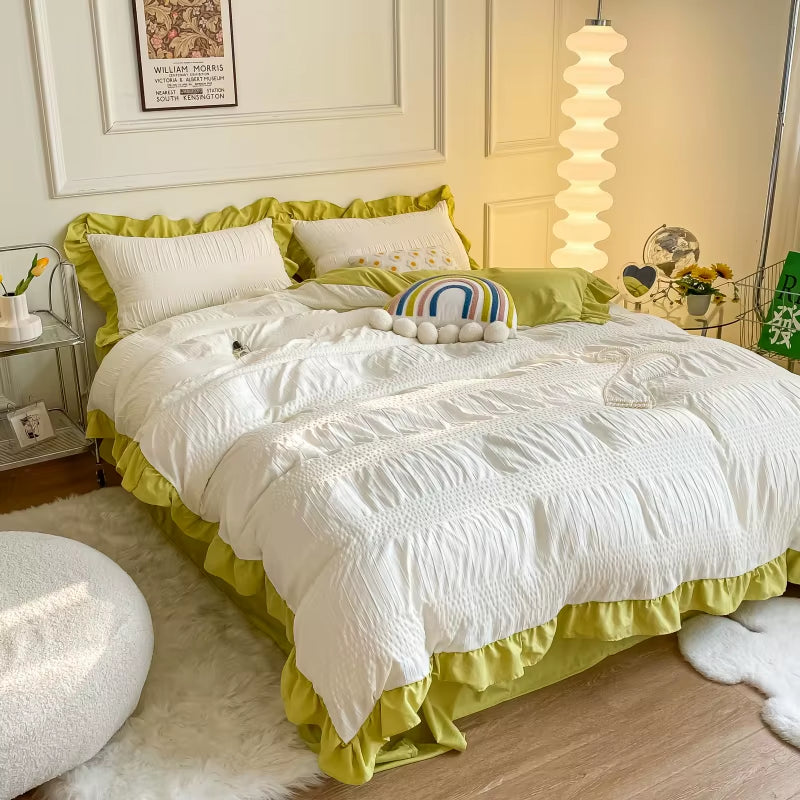 White Ruffled Seersucker Single Queen King Duvet Cover Set 3/4Pcs Soft Green Pink Grey Bedding Set with Bed Sheet Pillowcases