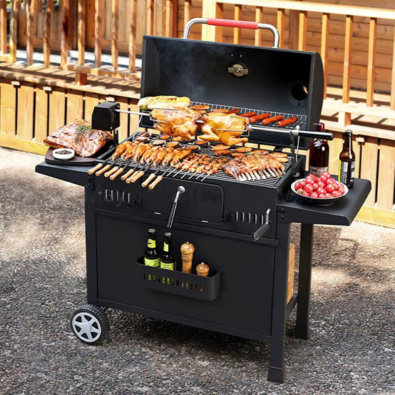 Heavy-Duty Smokeless Charcoal BBQ Grill with Trolley & Rotisserie – Large Outdoor Barbecue Smoker