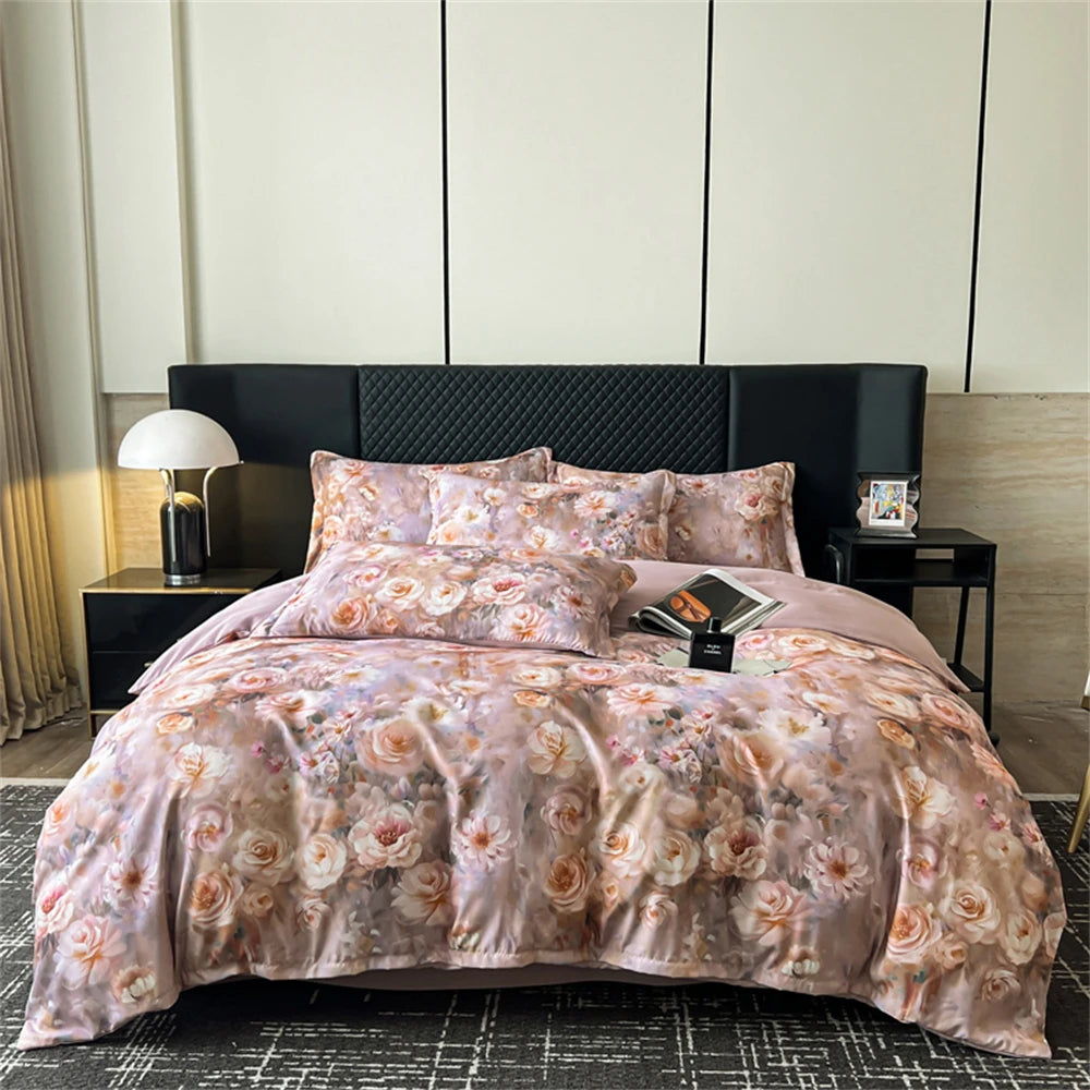 Flower Printed Bedding Set Soft Luxury Bedroom Decor Duvet Cover Set Comforter Pillowcase Bed Sheet Washed Cotton Four Piece Set