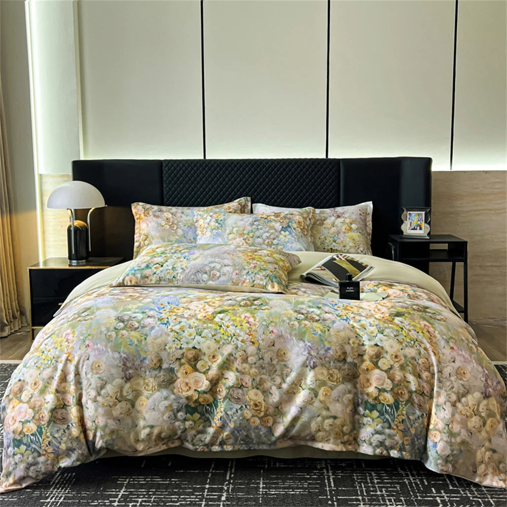 Flower Printed Bedding Set Soft Luxury Bedroom Decor Duvet Cover Set Comforter Pillowcase Bed Sheet Washed Cotton Four Piece Set