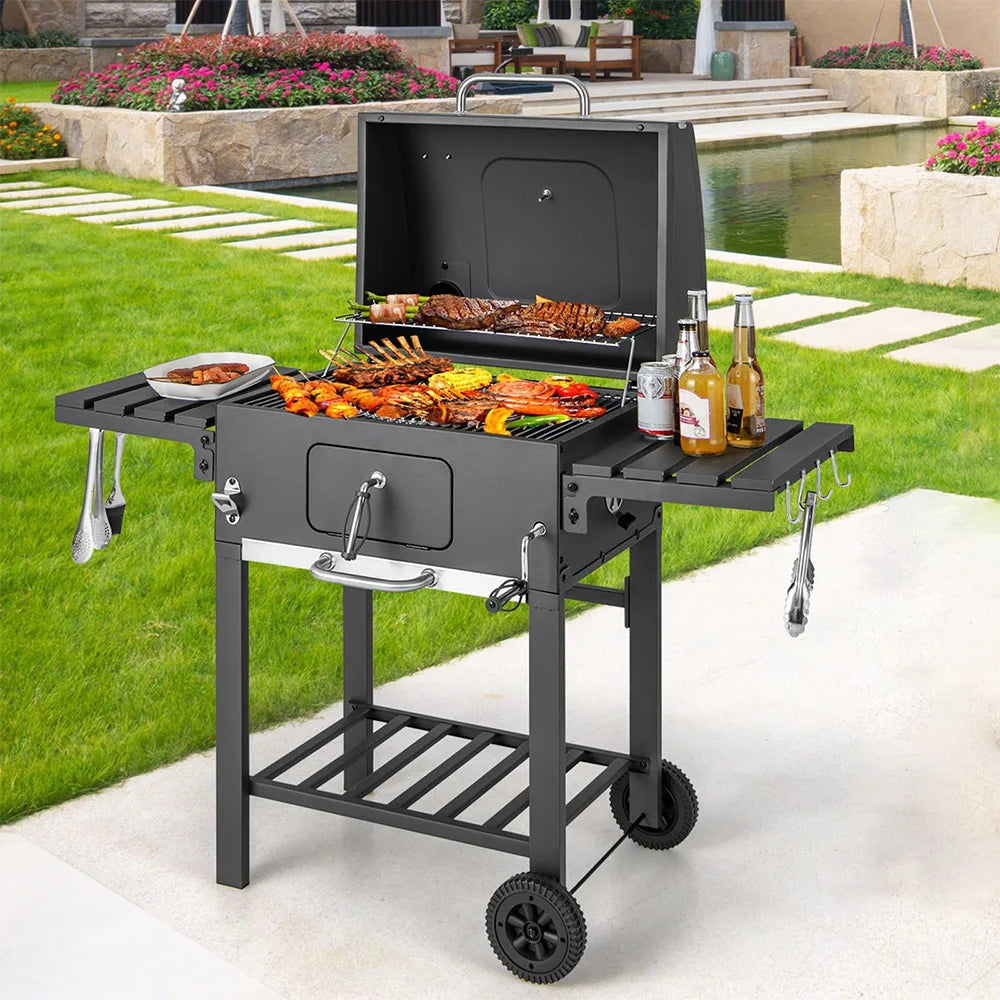 Adjustable Charcoal BBQ Grill with Foldable Side Table, Ash Tray & Wheels – Outdoor Cooking Station