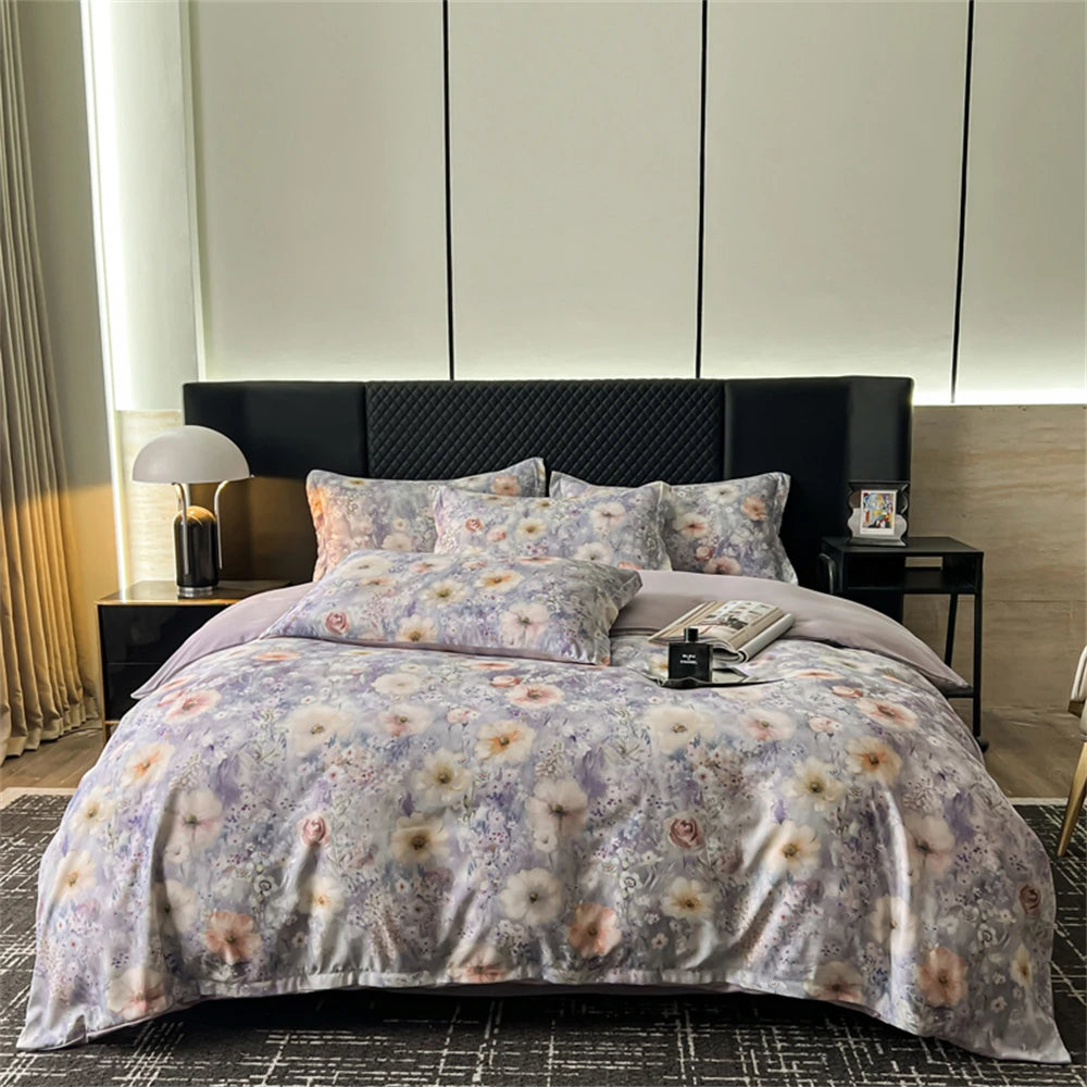 Flower Printed Bedding Set Soft Luxury Bedroom Decor Duvet Cover Set Comforter Pillowcase Bed Sheet Washed Cotton Four Piece Set