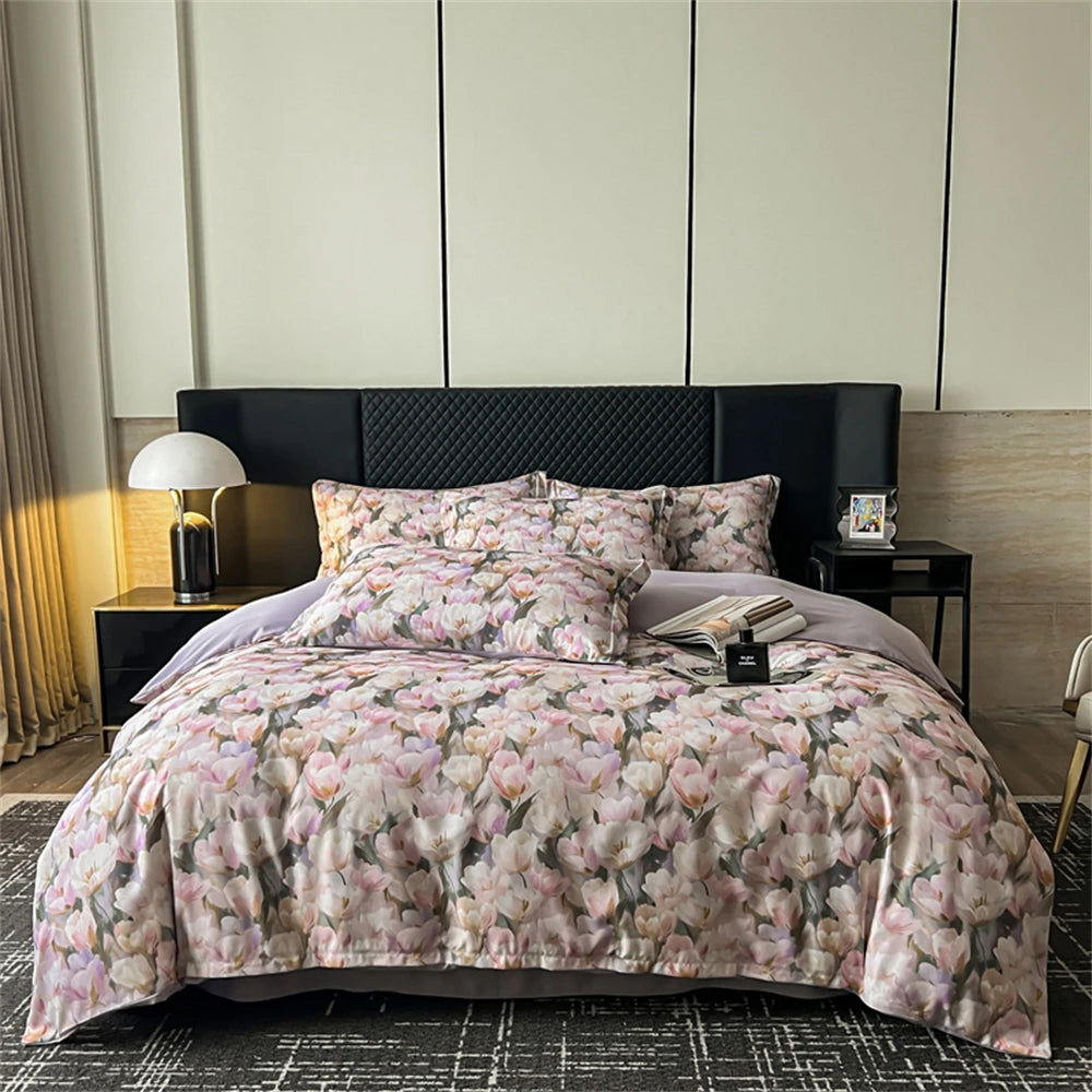 Flower Printed Bedding Set Soft Luxury Bedroom Decor Duvet Cover Set Comforter Pillowcase Bed Sheet Washed Cotton Four Piece Set