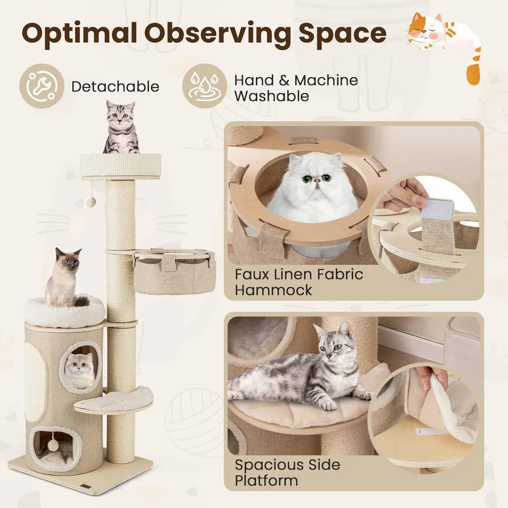 154cm Multi-Level Indoor Cat Tree Tower – 2-Storey Condo, Hammock, Scratching Posts & Plush Perches