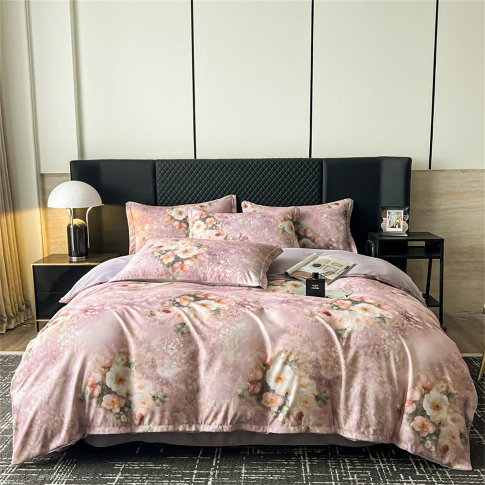 Flower Printed Bedding Set Soft Luxury Bedroom Decor Duvet Cover Set Comforter Pillowcase Bed Sheet Washed Cotton Four Piece Set