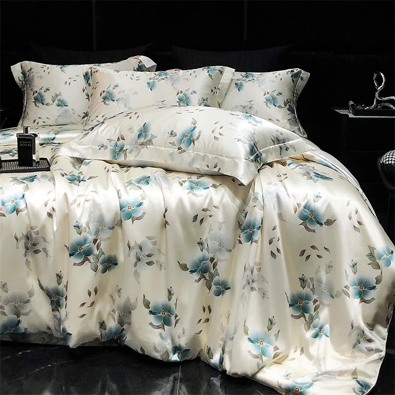 Luxury Natural Silk Floral Bedding Set – 4-Piece Smooth & Silky Comfort Set