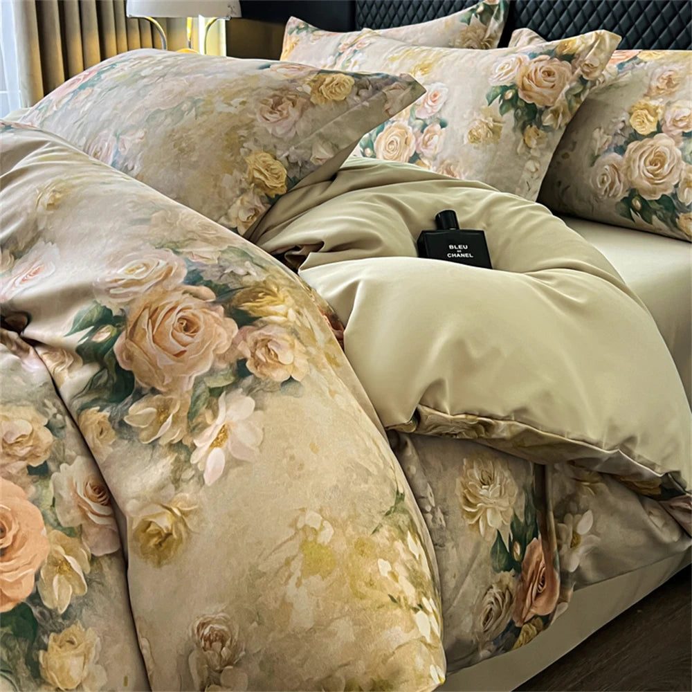 Flower Printed Bedding Set Soft Luxury Bedroom Decor Duvet Cover Set Comforter Pillowcase Bed Sheet Washed Cotton Four Piece Set