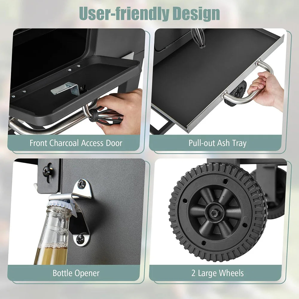 Adjustable Charcoal BBQ Grill with Foldable Side Table, Ash Tray & Wheels – Outdoor Cooking Station