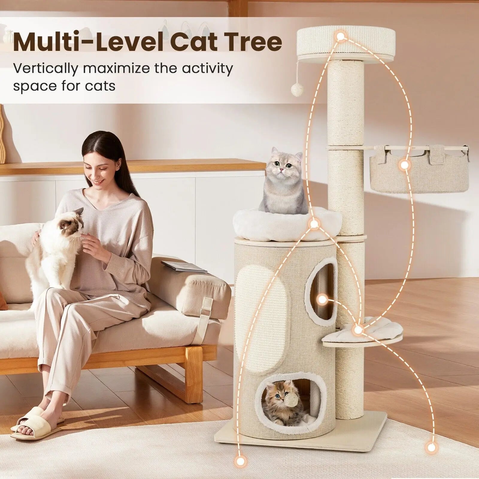 154cm Multi-Level Indoor Cat Tree Tower – 2-Storey Condo, Hammock, Scratching Posts & Plush Perches