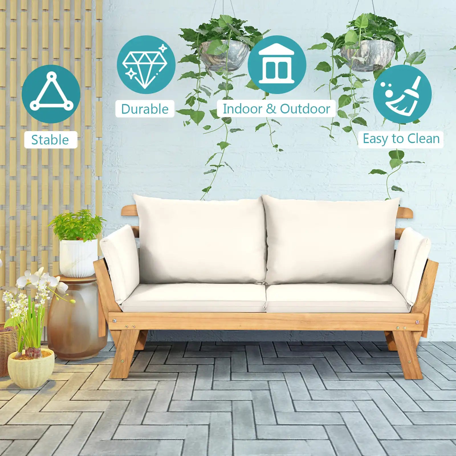 Outdoor Convertible Daybed Sofa – Acacia Wood Patio Lounger with Adjustable Armrests & Cushions (White)