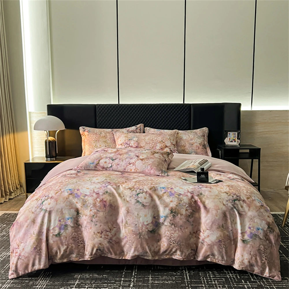 Flower Printed Bedding Set Soft Luxury Bedroom Decor Duvet Cover Set Comforter Pillowcase Bed Sheet Washed Cotton Four Piece Set