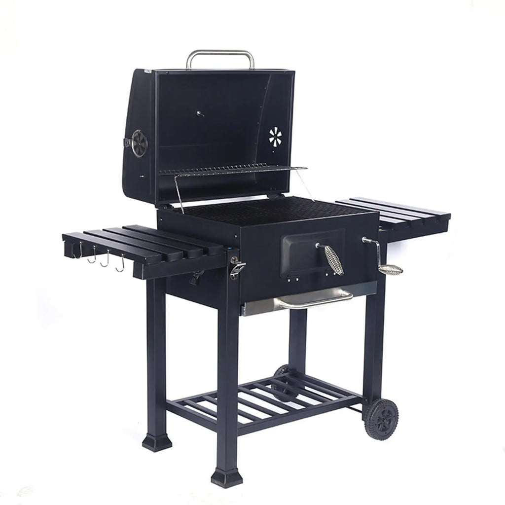 Adjustable Charcoal BBQ Grill with Foldable Side Table, Ash Tray & Wheels – Outdoor Cooking Station