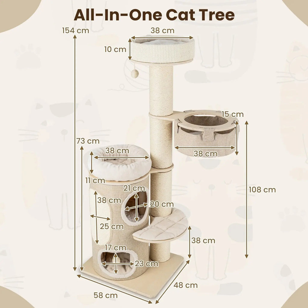 154cm Multi-Level Indoor Cat Tree Tower – 2-Storey Condo, Hammock, Scratching Posts & Plush Perches