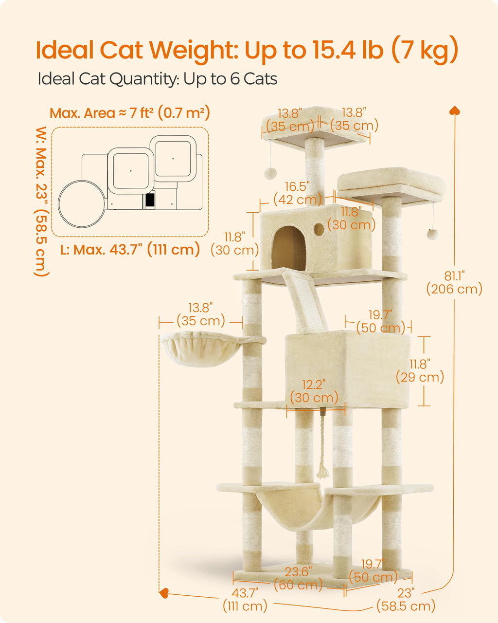 206cm Extra Tall Multi-Level Cat Tree Tower – 13 Scratching Posts, 2 Cat Condos, Hammock, Basket & Pompoms