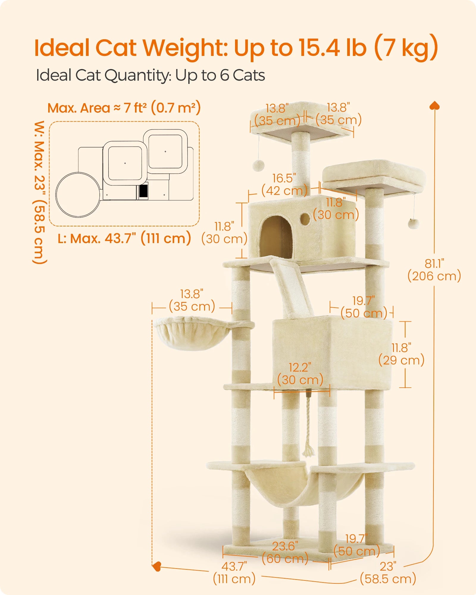 206cm Extra Tall Multi-Level Cat Tree Tower – 13 Scratching Posts, 2 Cat Condos, Hammock, Basket & Pompoms