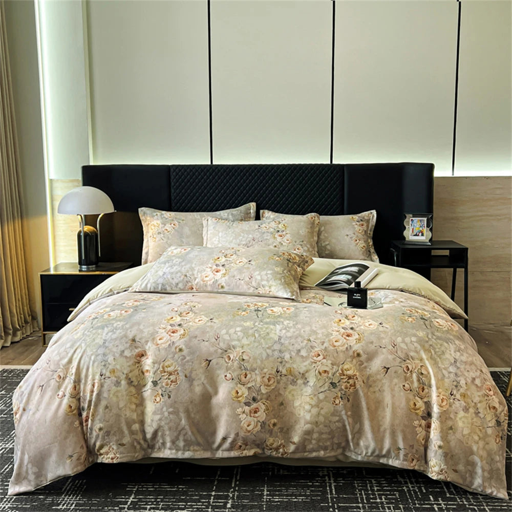 Flower Printed Bedding Set Soft Luxury Bedroom Decor Duvet Cover Set Comforter Pillowcase Bed Sheet Washed Cotton Four Piece Set