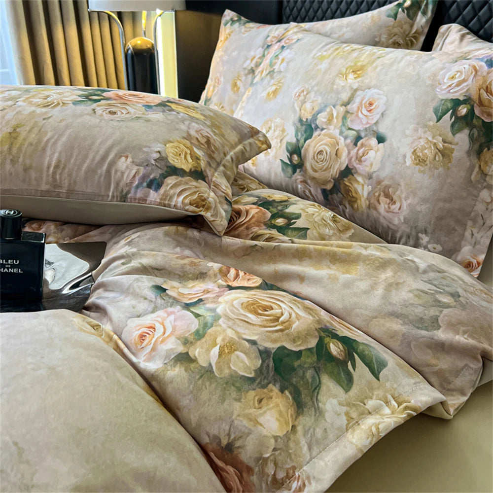 Flower Printed Bedding Set Soft Luxury Bedroom Decor Duvet Cover Set Comforter Pillowcase Bed Sheet Washed Cotton Four Piece Set