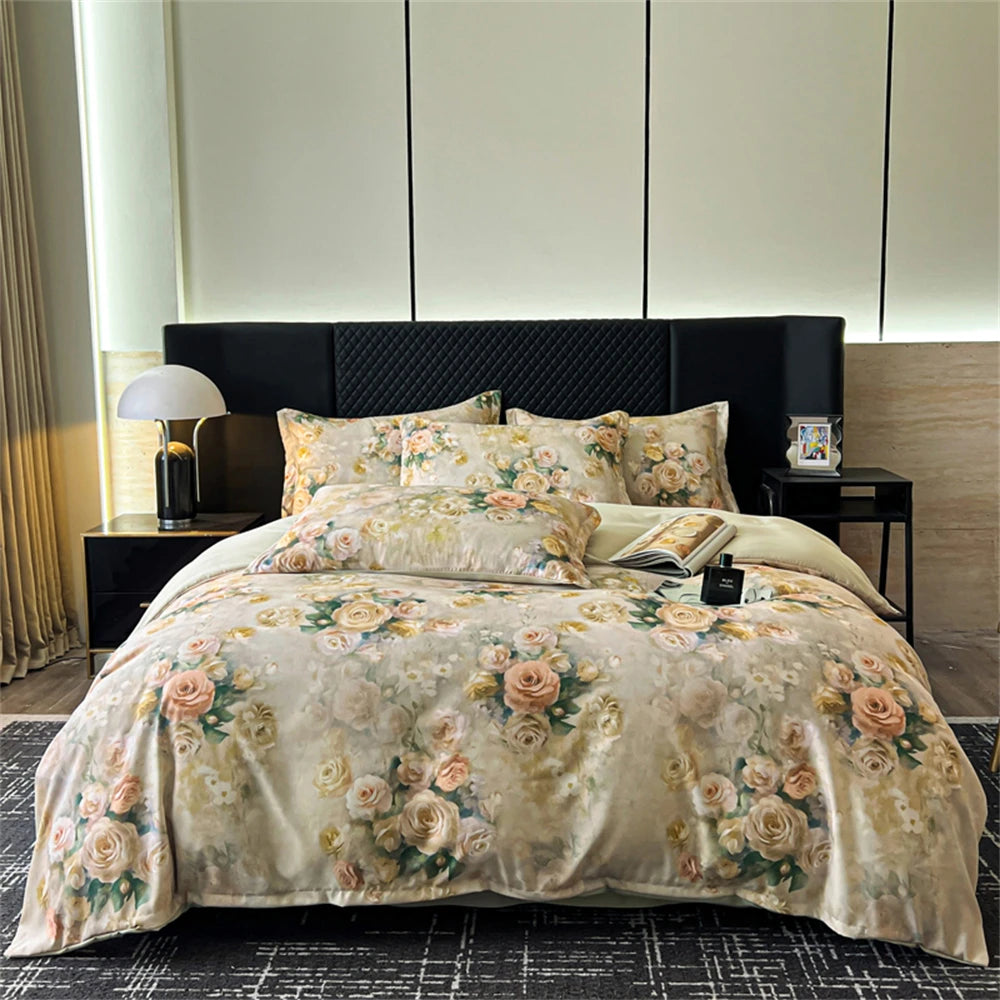 Flower Printed Bedding Set Soft Luxury Bedroom Decor Duvet Cover Set Comforter Pillowcase Bed Sheet Washed Cotton Four Piece Set