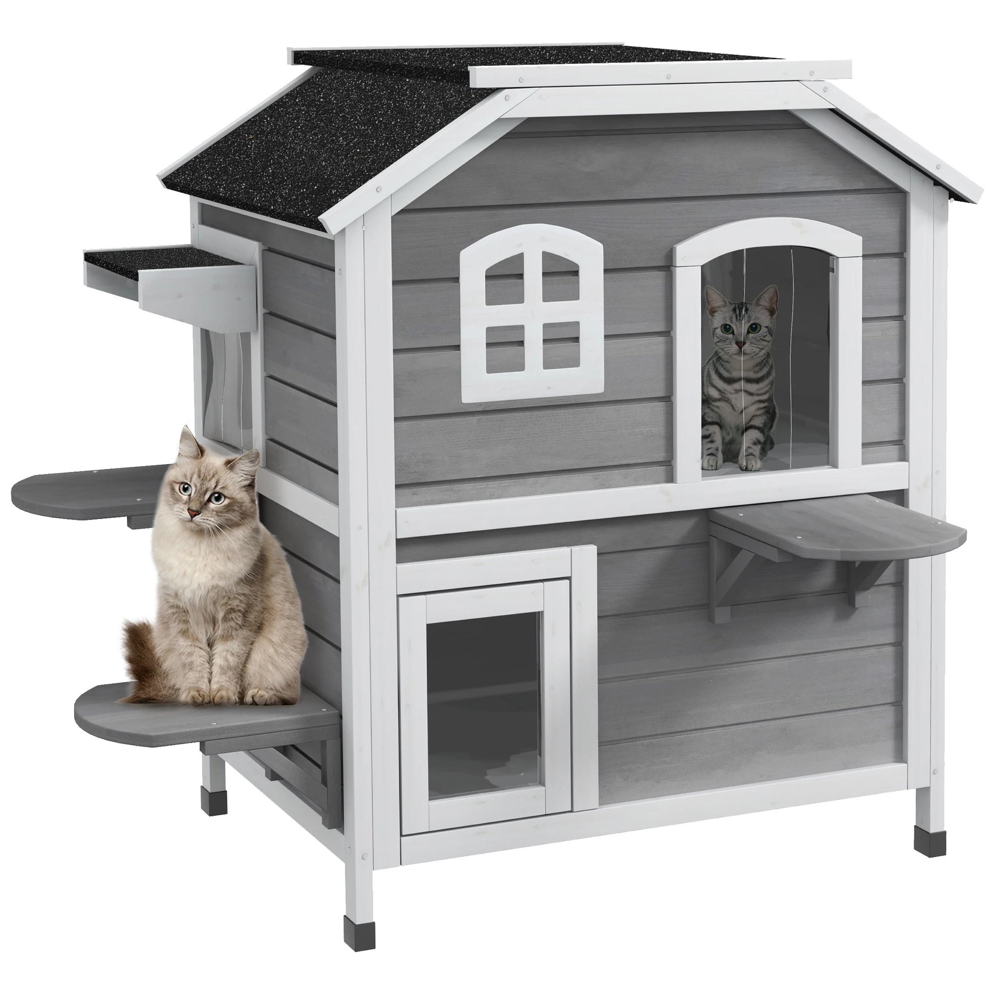 Outdoor Wooden Cat House – 2-Level Shelter with Escape Doors