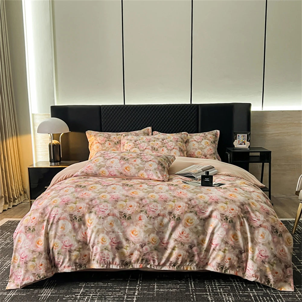 Flower Printed Bedding Set Soft Luxury Bedroom Decor Duvet Cover Set Comforter Pillowcase Bed Sheet Washed Cotton Four Piece Set