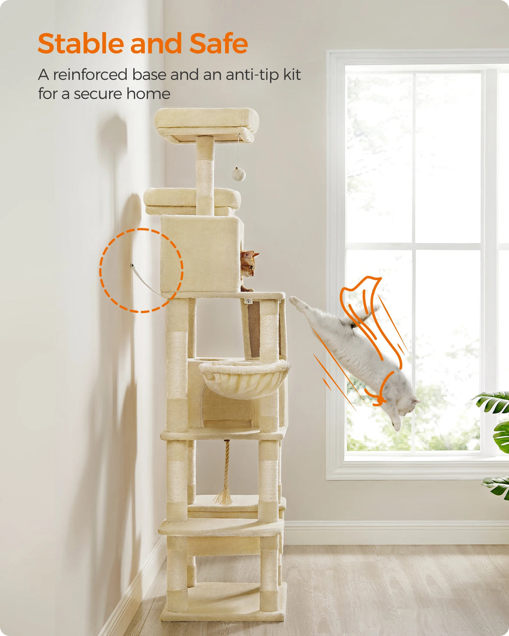 206cm Extra Tall Multi-Level Cat Tree Tower – 13 Scratching Posts, 2 Cat Condos, Hammock, Basket & Pompoms