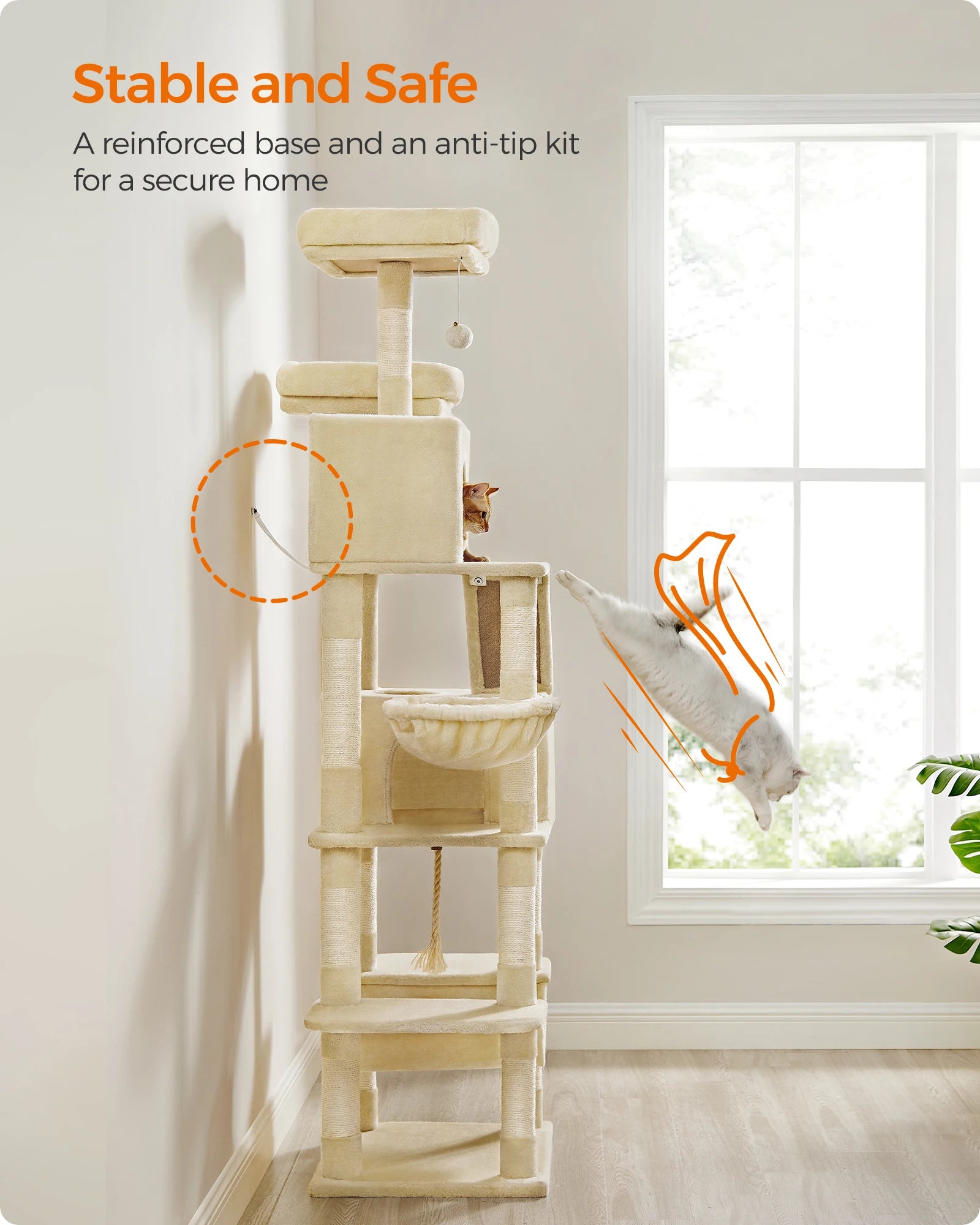 206cm Extra Tall Multi-Level Cat Tree Tower – 13 Scratching Posts, 2 Cat Condos, Hammock, Basket & Pompoms