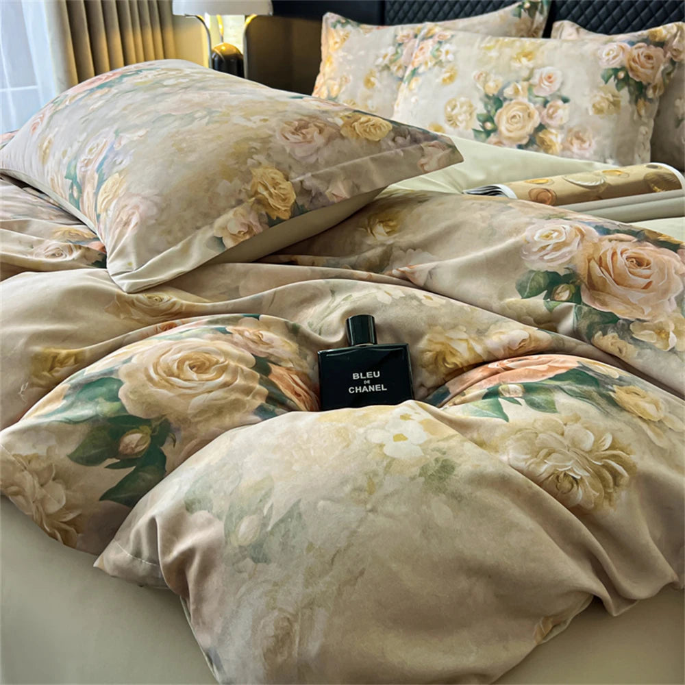 Flower Printed Bedding Set Soft Luxury Bedroom Decor Duvet Cover Set Comforter Pillowcase Bed Sheet Washed Cotton Four Piece Set