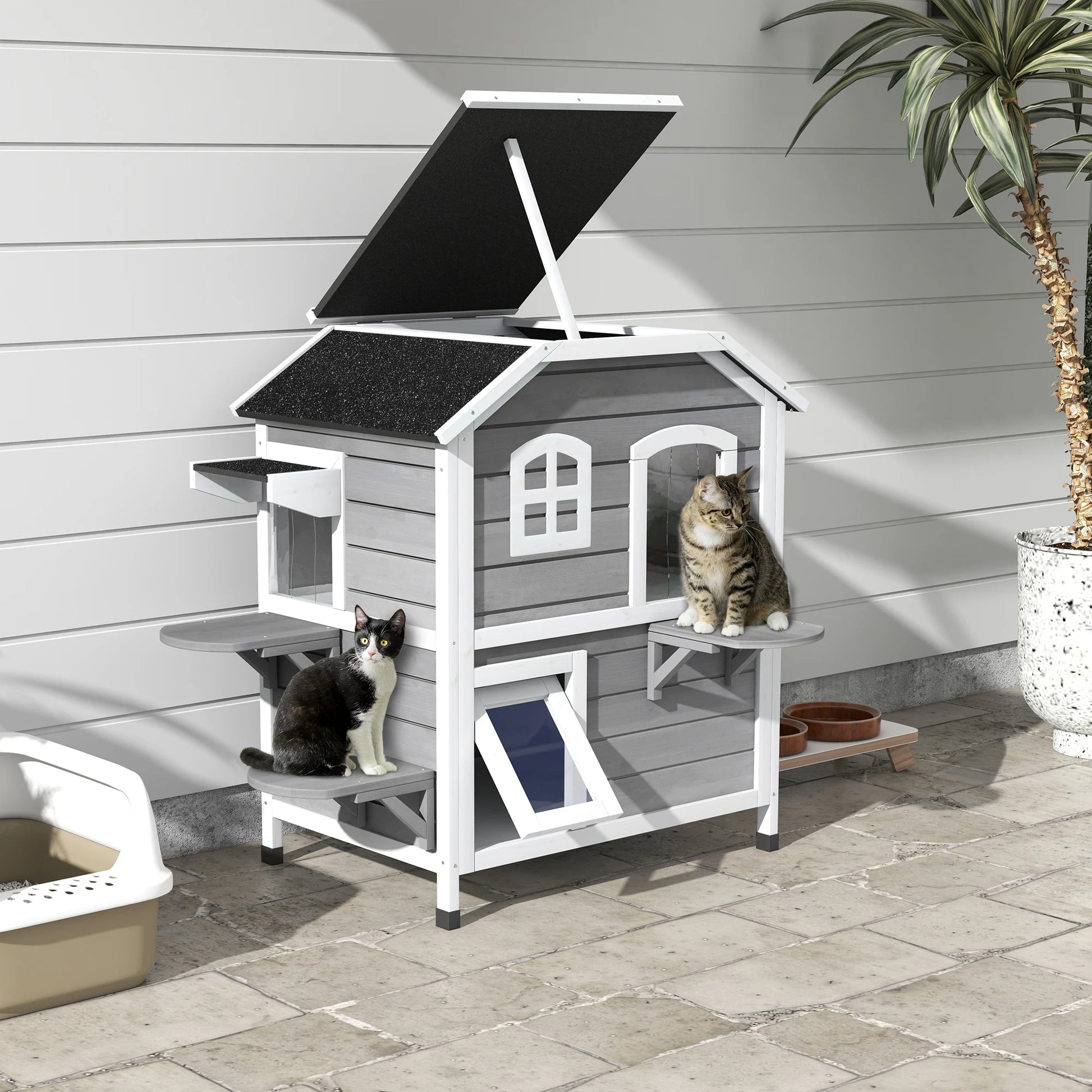 Outdoor Wooden Cat House – 2-Level Shelter with Escape Doors