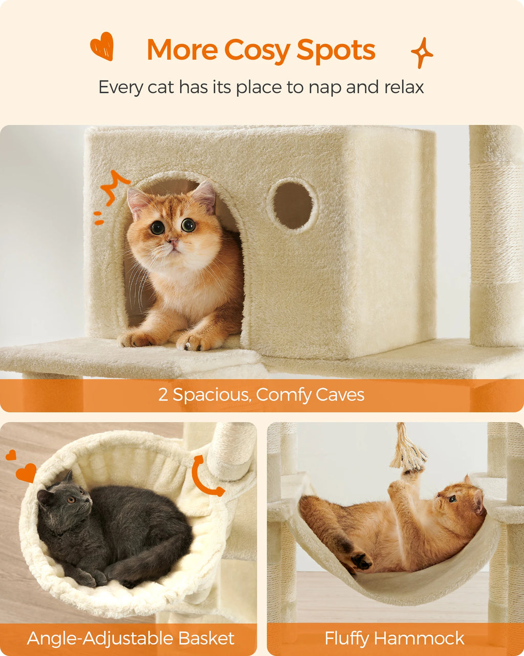 206cm Extra Tall Multi-Level Cat Tree Tower – 13 Scratching Posts, 2 Cat Condos, Hammock, Basket & Pompoms