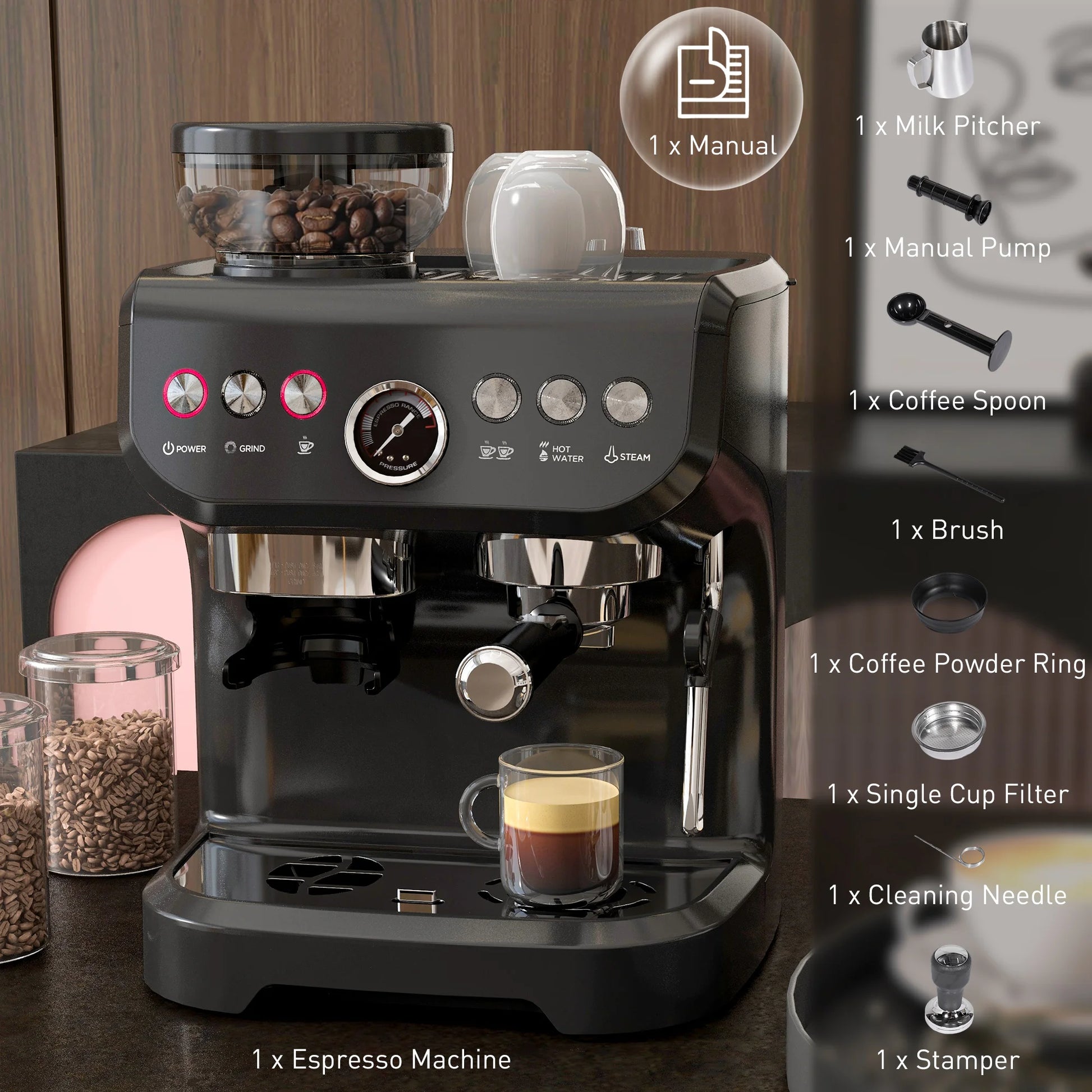 15-Bar Espresso Coffee Machine with Bean Grinder & Steam Wand – Barista Style at Home 🇬🇧