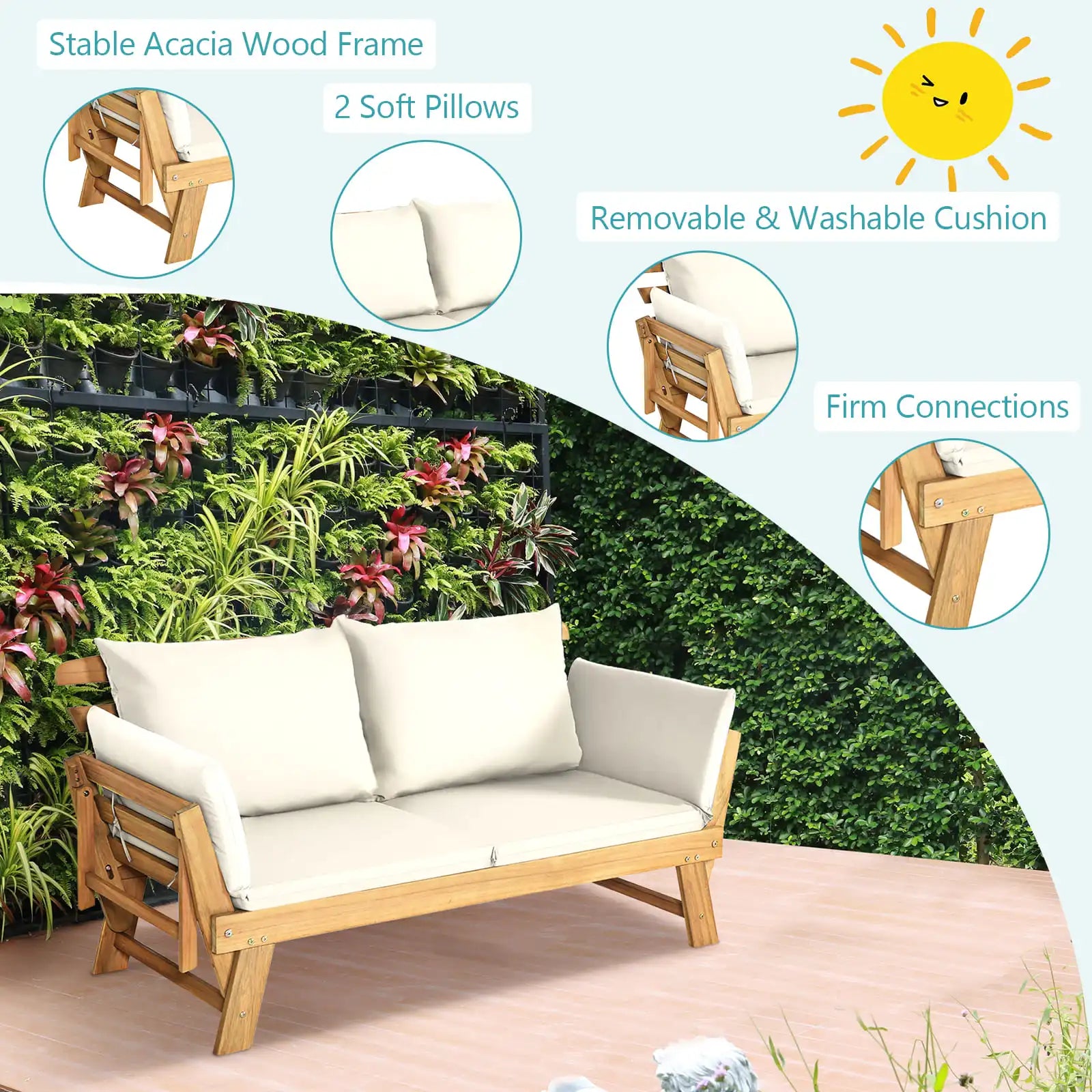 Outdoor Convertible Daybed Sofa – Acacia Wood Patio Lounger with Adjustable Armrests & Cushions (White)